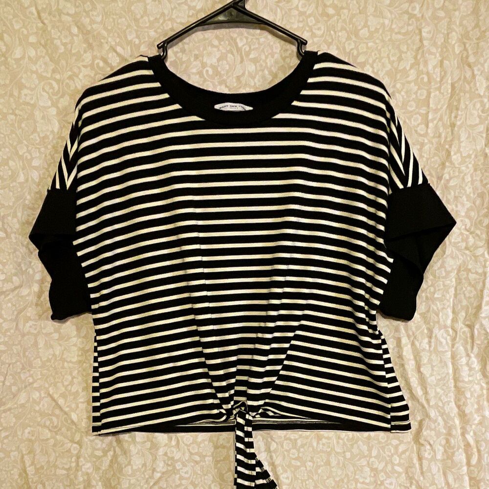 Marc New York Jeans Black White Striped Knit Round Neck Tie Front Top Womens L